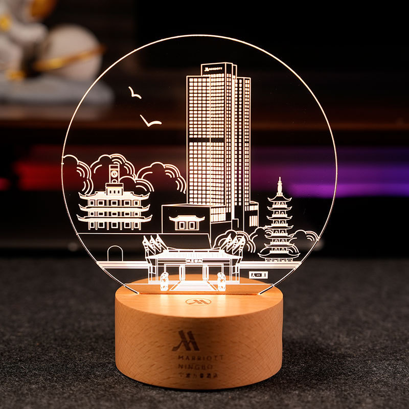 小夜灯创意3d榉木企业公司广告礼品定制图案logo实木底座led台灯