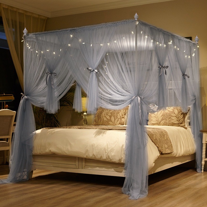 新款方三开落地蚊帐顶门不锈钢支架宫廷式加密加厚蚊帐