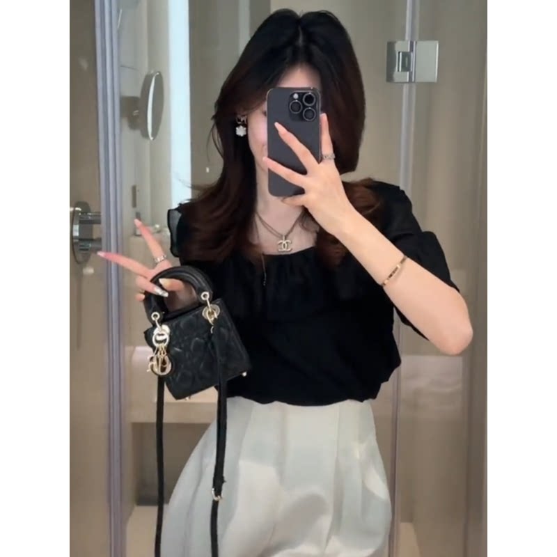 速发法式设计感荷叶边泡泡袖衬衫女夏季时尚简约减龄小衫别致雪纺