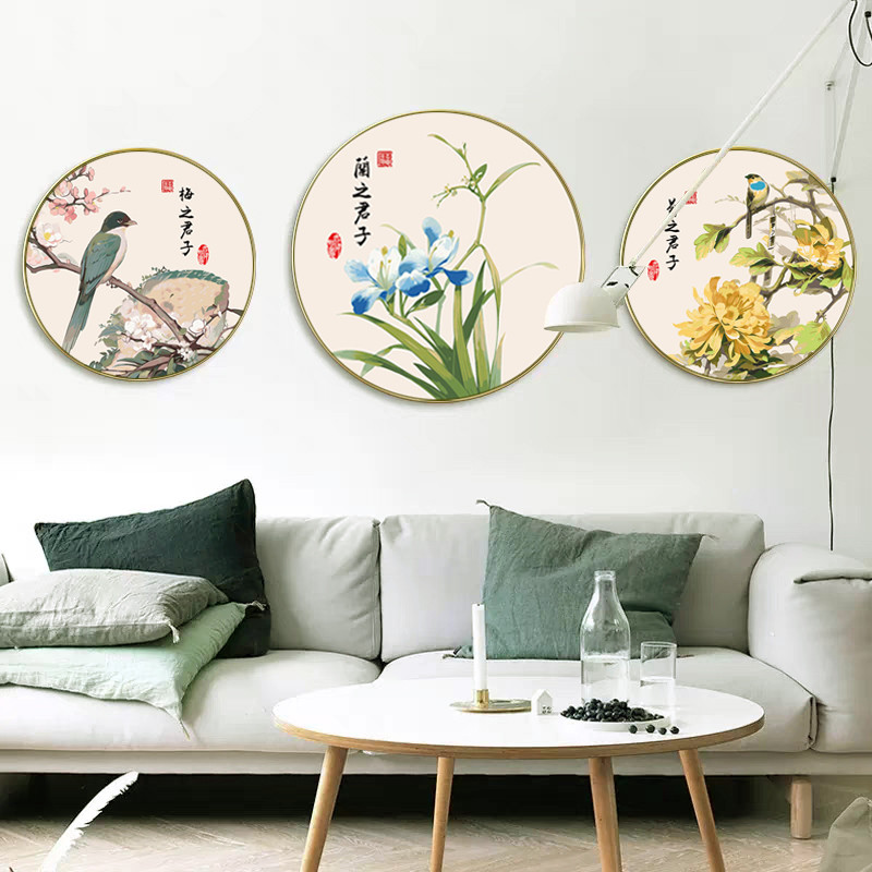 轻奢圆形梅兰竹菊DIY数字油画新中式客厅玄关装饰画餐厅书房挂画图片