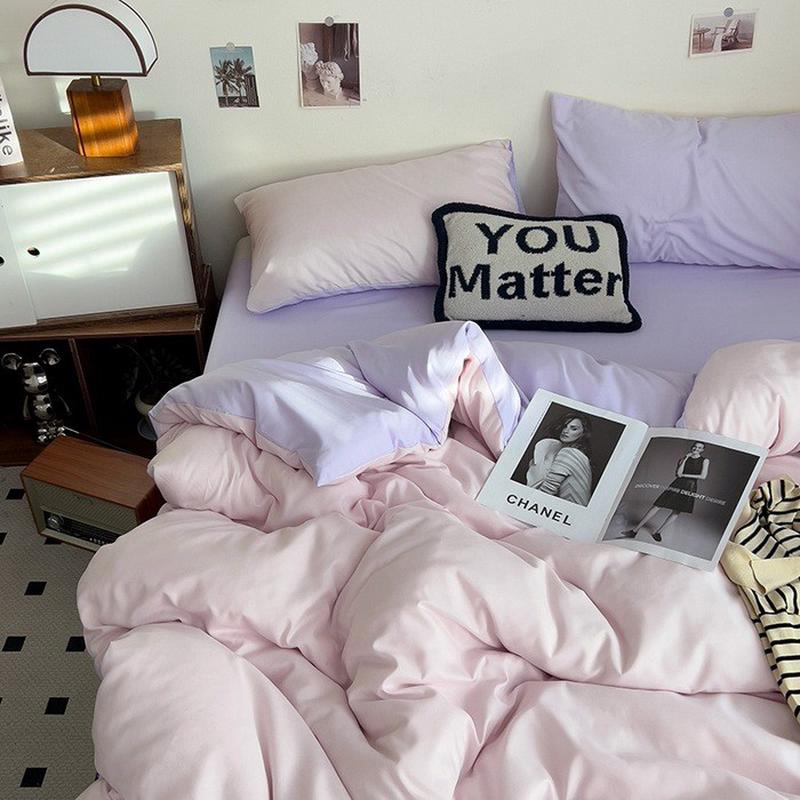 简约双人水洗棉纯色学院风四件套亲肤单人森系被套被罩床单三件套