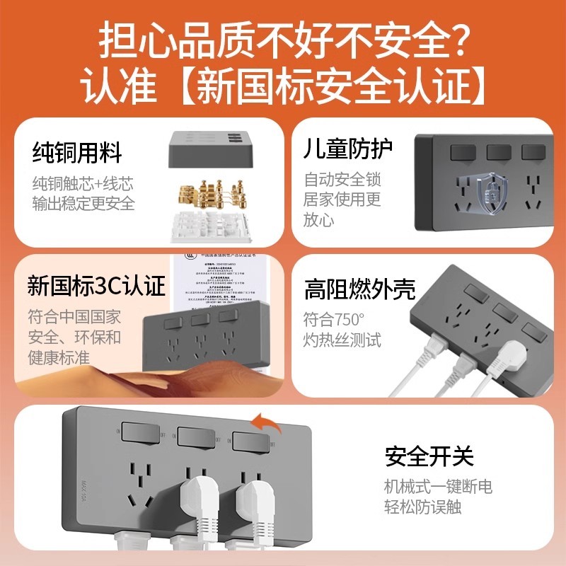 扩展式插座拓展多功能转换器一转多金色面板家用替换排插接线板