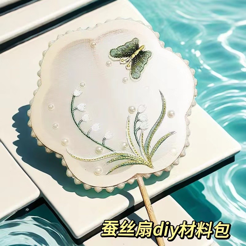 蚕丝扇diy材料包长柄古风扇框团扇架扇骨汉服材料骨架胶带饰品