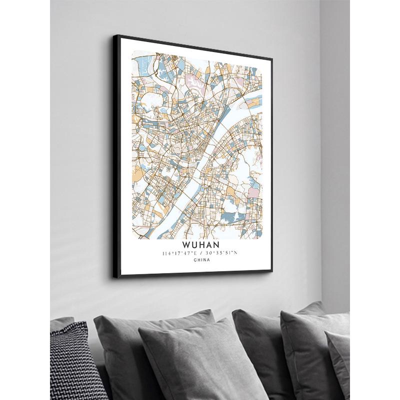 鳟鱼 定制办公室线描城市地图装饰画 客厅沙发背景墙挂画公司壁画图片