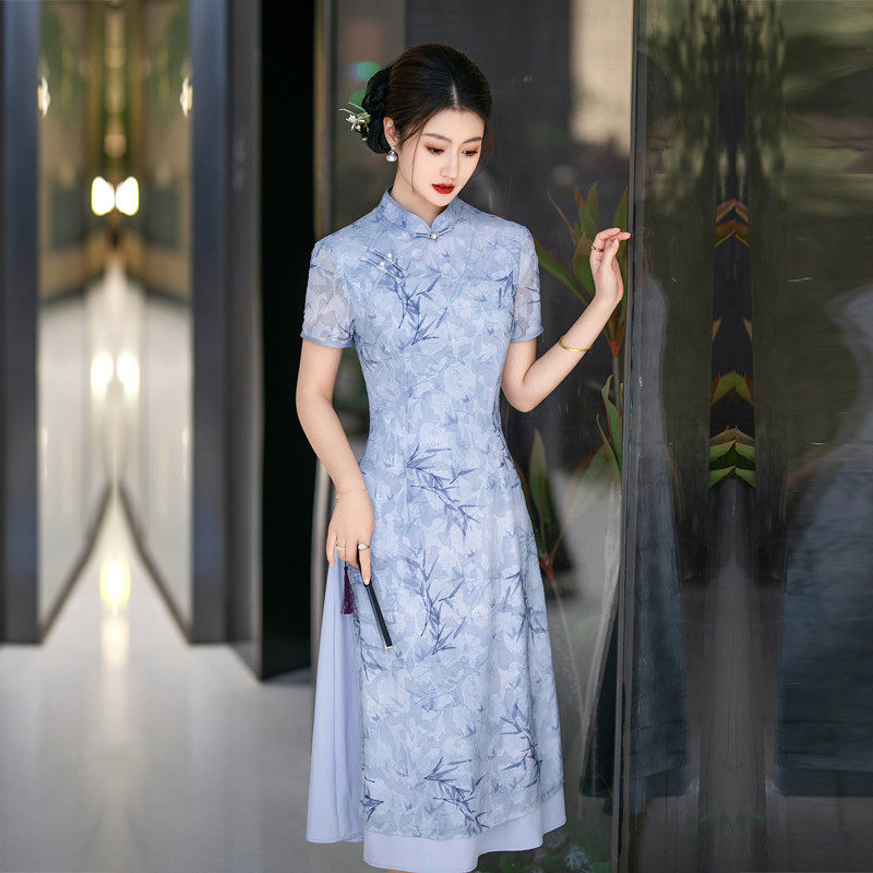 好货奥黛旗袍改良版连衣裙小个子中年妈妈春夏季年轻气质日常女装