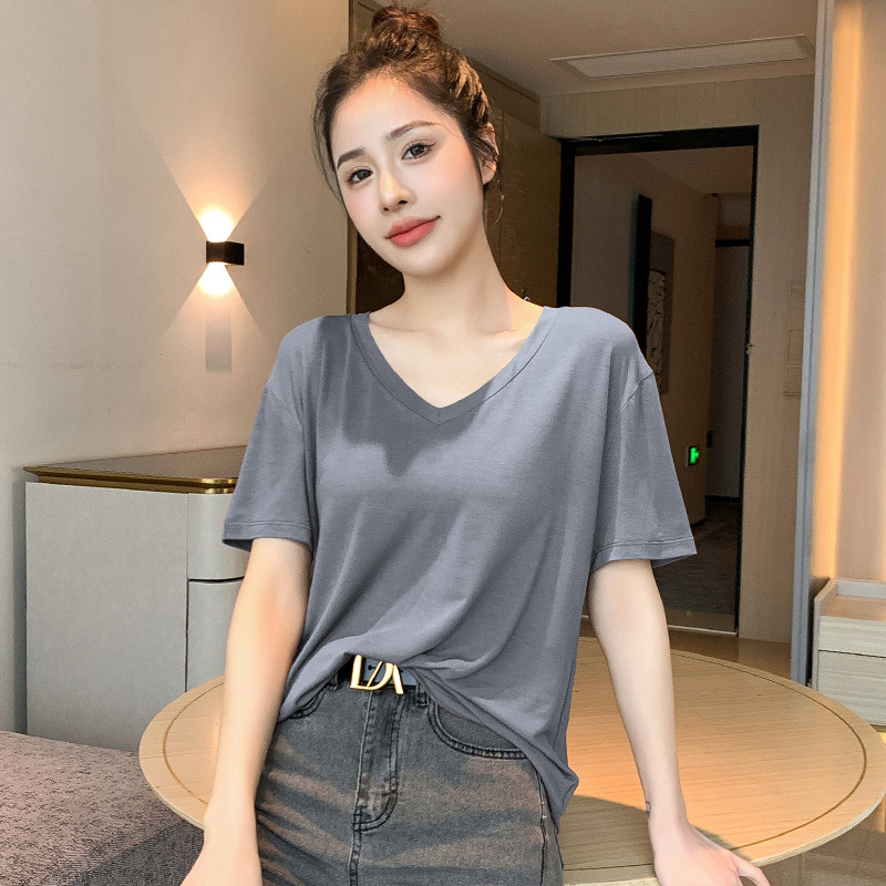 新品黑色短袖t恤女2025新款V领莫代尔冰丝面膜体恤薄款垂感宽松上