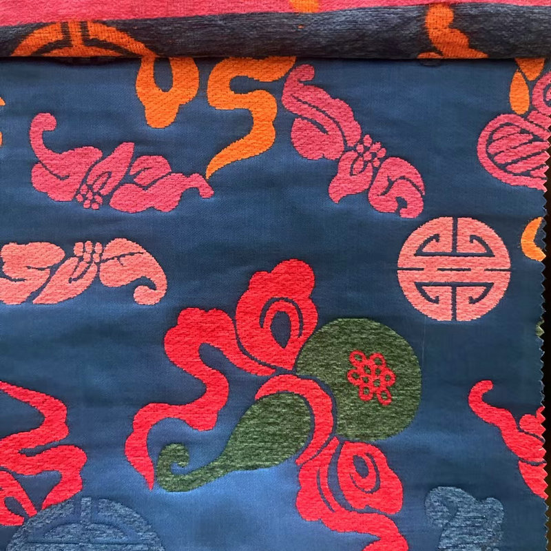 国风老钱扇雪尼尔面料提花面料新中式摇钱风加厚双层服装布料