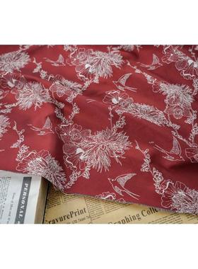 经典春秋红黑色宫廷风喜鹊大花朵色织面料女装复古鲜艳装饰布料