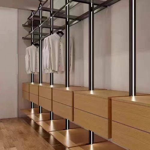顶天立柱铝合金开放式发光衣帽间简约悬空玻璃层板整体式定制衣柜
