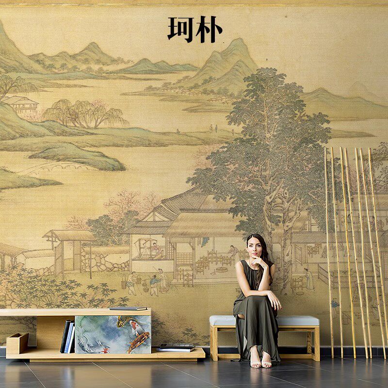 古典新中式复古田园山水壁纸油画卧室客厅电视背景墙壁画无缝墙布