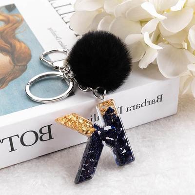 1Pc Black Pompom Letter Keychain English Alphabet Keyring G
