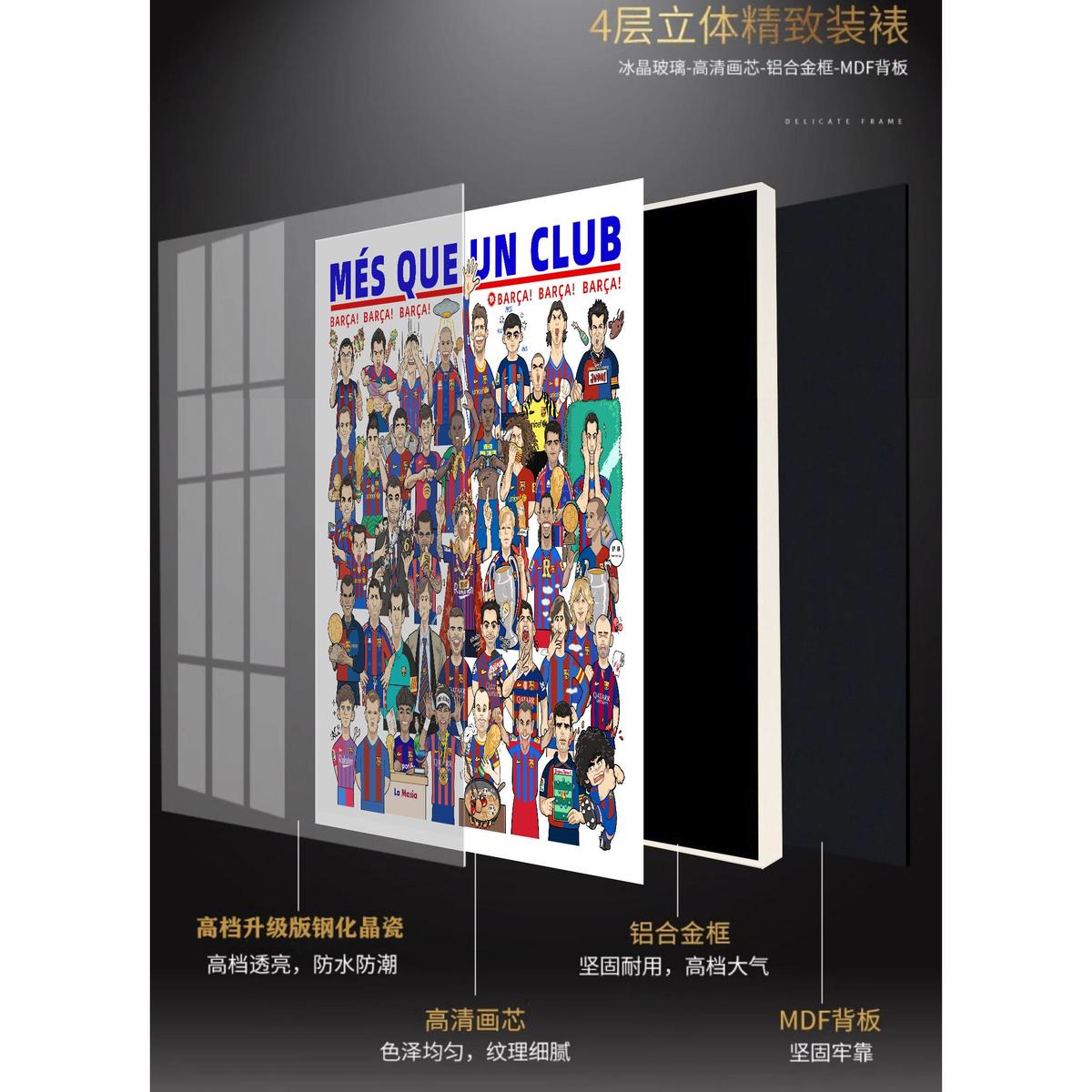 巴萨巴塞罗那全家福漫画卡通晶瓷画装饰画铝合金现代室内摆件图片