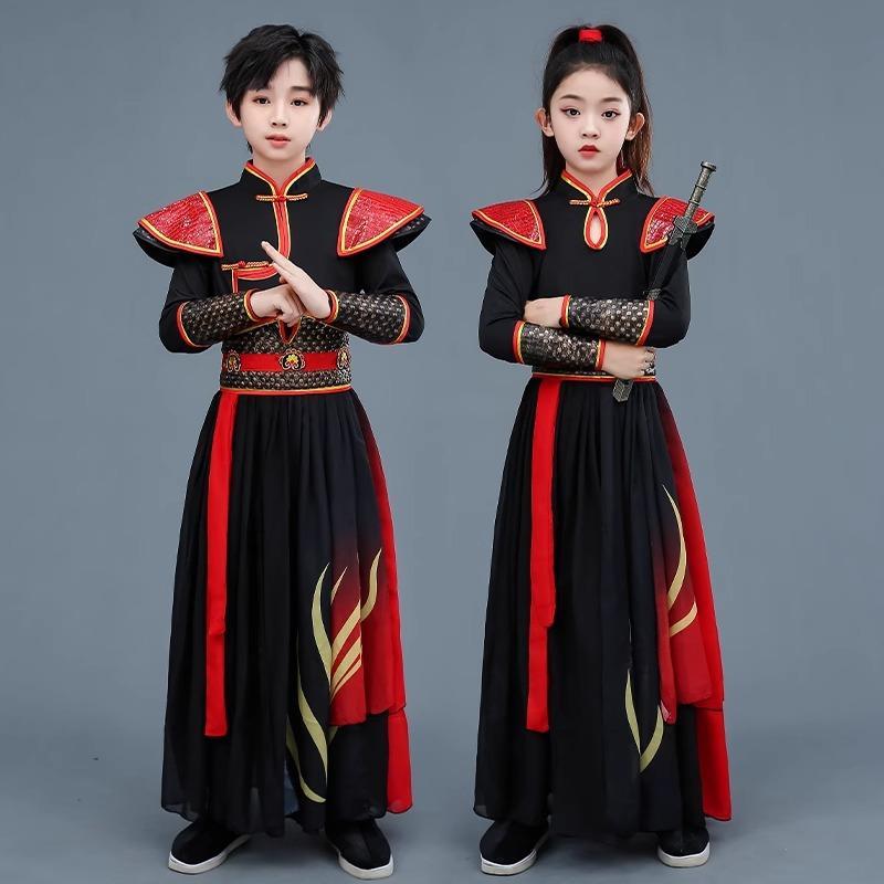 古装演出服儿童古典舞蹈飘逸骁开场舞扇子舞象王行打鼓侠客行汉服