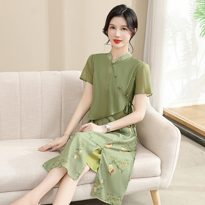 现货中年妈妈夏装新中式改良旗袍洋气质国风连衣裙中老年女装短袖