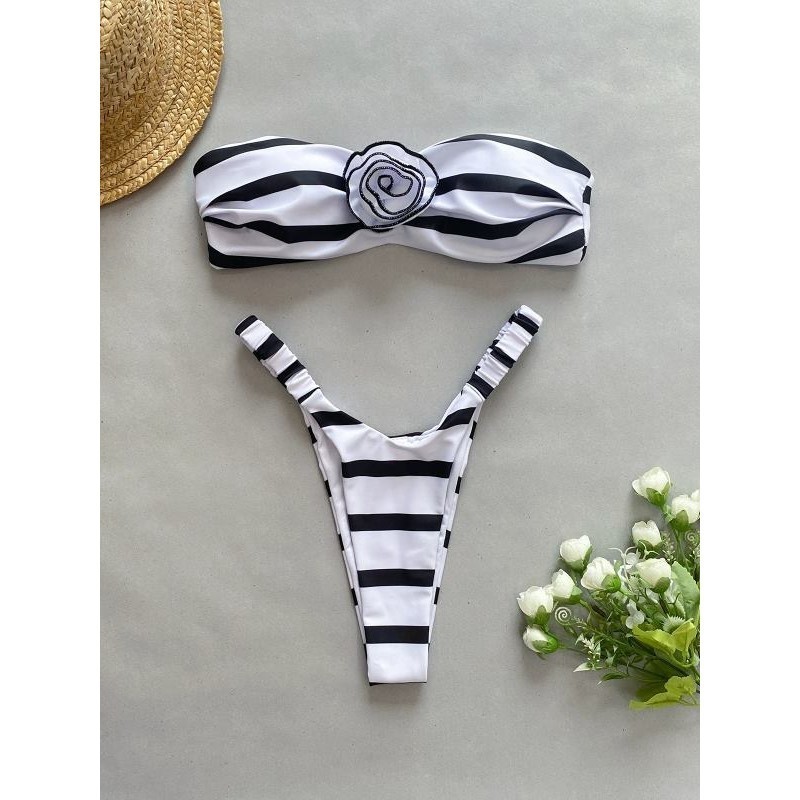 新款夏季条纹比基尼立体花朵抹胸性感分体女泳装丁字裤温泉bikini