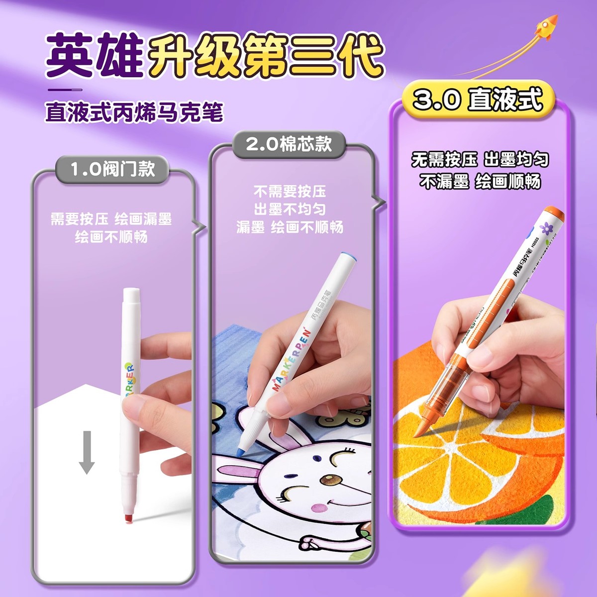 英雄直液式丙烯马克笔软头美术专用绘画画笔小学生不透色24色笔芯