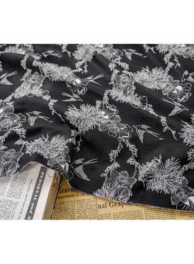 经典鲜艳红黑色宫廷风喜鹊大花朵色织面料女装春秋复古装饰布料