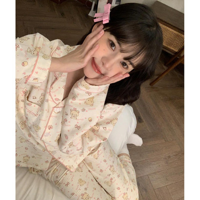 轻松熊睡衣春秋款女2025新款纯棉长袖可爱甜美夏套装家居服可外穿