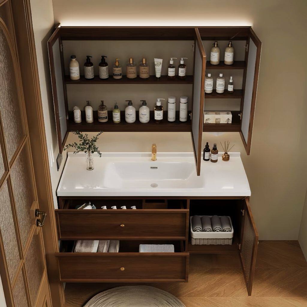 中古风藤编浴室柜陶瓷橡木组合卫生间红一体盆洗手洗脸洗漱台