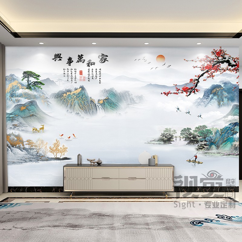新中式电视背景墙壁布3d立体壁画客厅山水画壁纸影视墙布定制墙纸