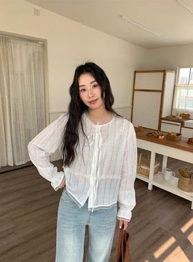 黄峥蕾丝花边拼接系带雪纺衬衫女2025春款甜美浪漫衬衫H1CH510061