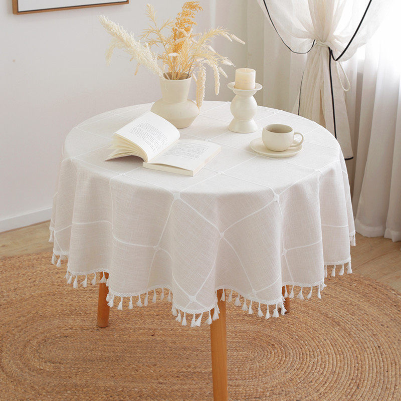 乐轩秀全涤仿棉麻圆形流苏桌布简约北欧绣花格子装饰布艺灰白卡其,居家布艺,桌布,淘宝优惠券,粉丝福利购,淘宝优惠卷
