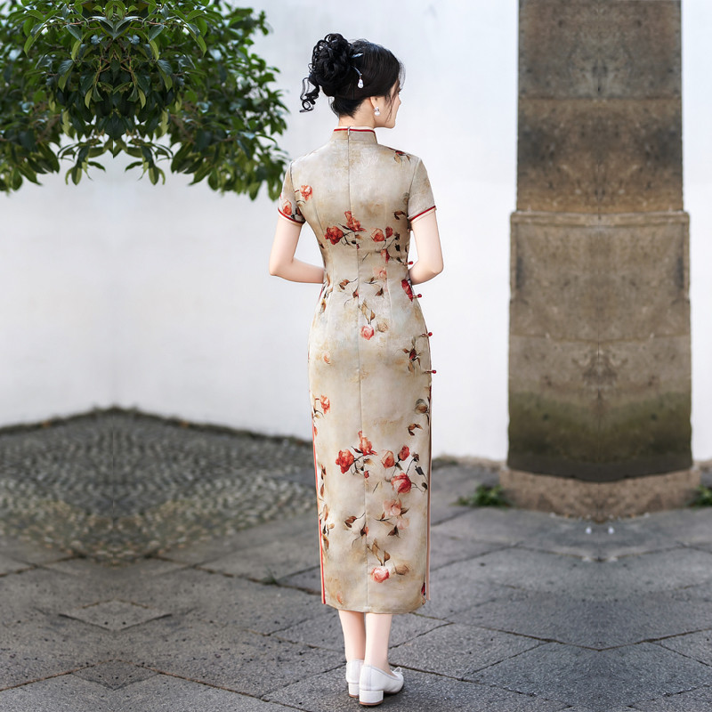 新品高端旗袍长款中老年女妈妈气质年轻春秋季女装亚麻礼服复古中