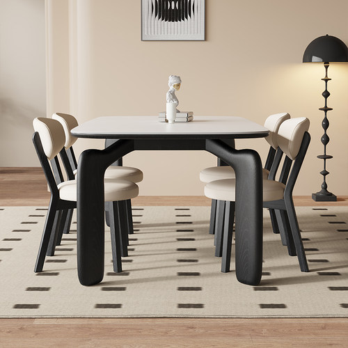 法式复古风岩板餐桌大象腿家用小户型实木桌椅中古风长方形吃饭桌