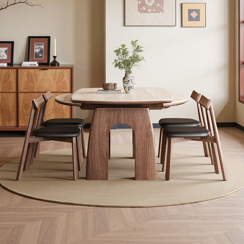 洞石岩板实木伸缩餐桌可变圆桌