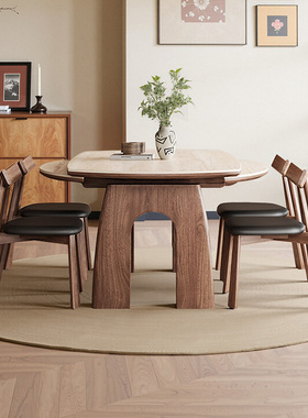 中古风洞石岩板伸缩餐桌可变圆桌家用小户型实木折叠高级感吃饭桌