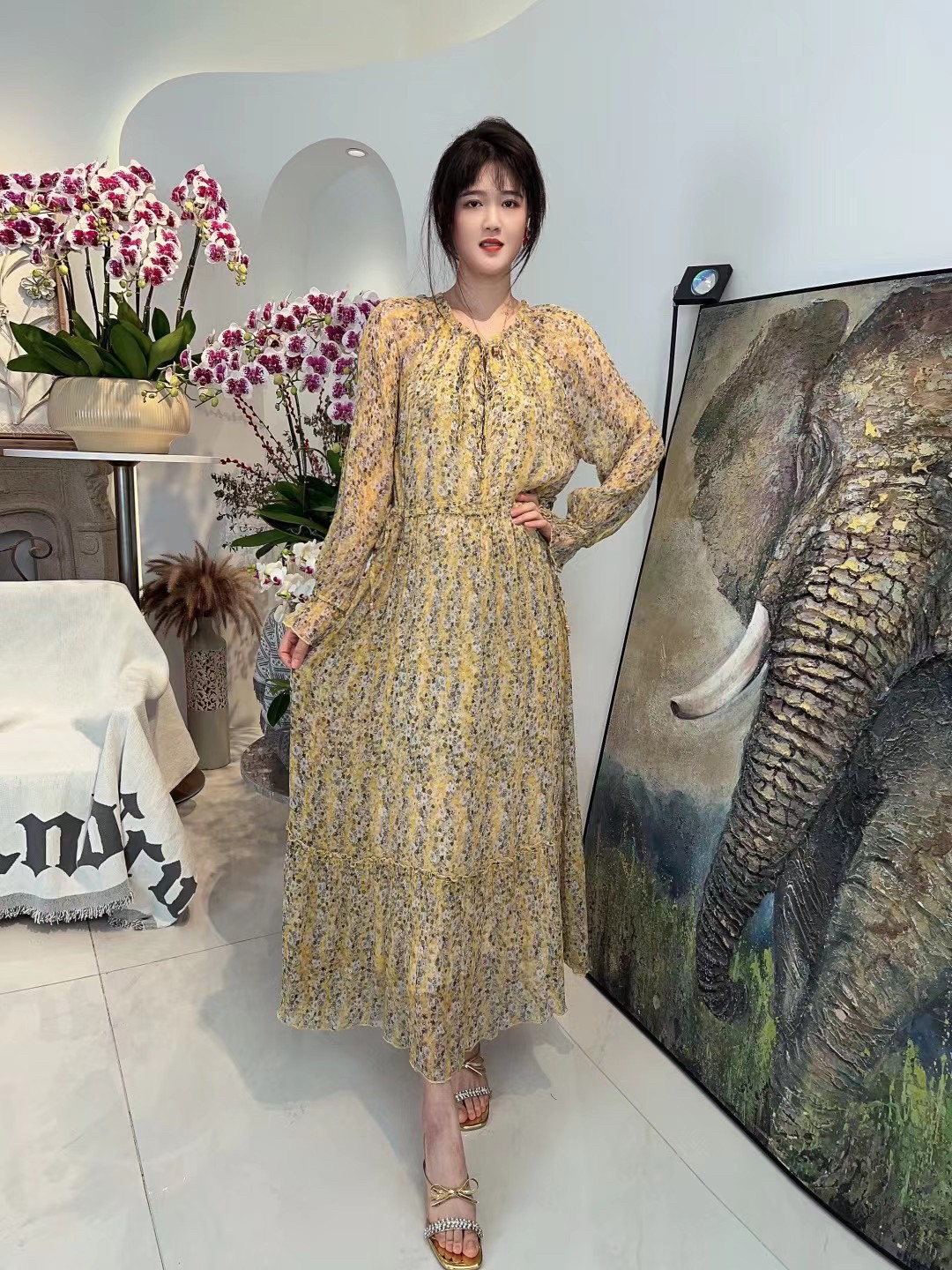 欧洲站2024春夏新款女裙欧货YR洋气减龄桑蚕丝印花收腰显瘦连衣裙