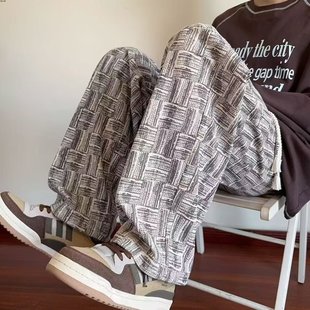 宽松阔腿休闲裤 潮牌情侣装 子2025新款 高级感编织格纹直筒灯芯绒裤