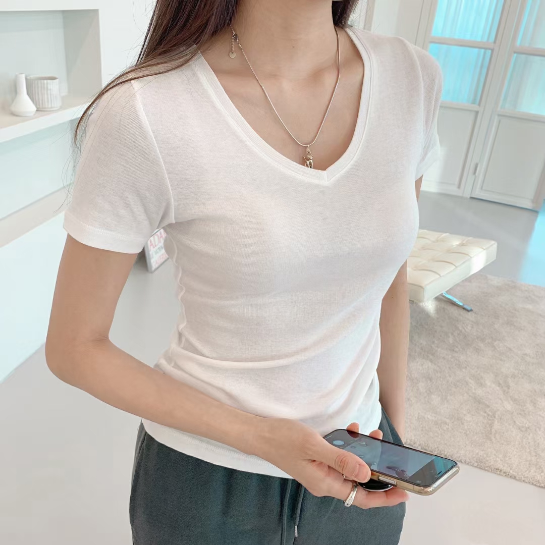 薄款短袖韩版V领纯色棉女装