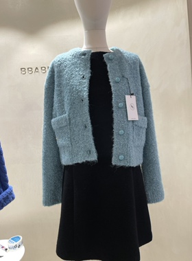 现货BBABBA韩国代购2023秋短款长袖针织开衫女 简约彩色毛衣外套