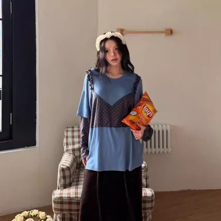 GISELE韩国代购宽松波点假两件长袖T恤 2026早春新款打底衫,女装/女士精品,T恤,淘宝优惠券,粉丝福利购,淘宝优惠卷