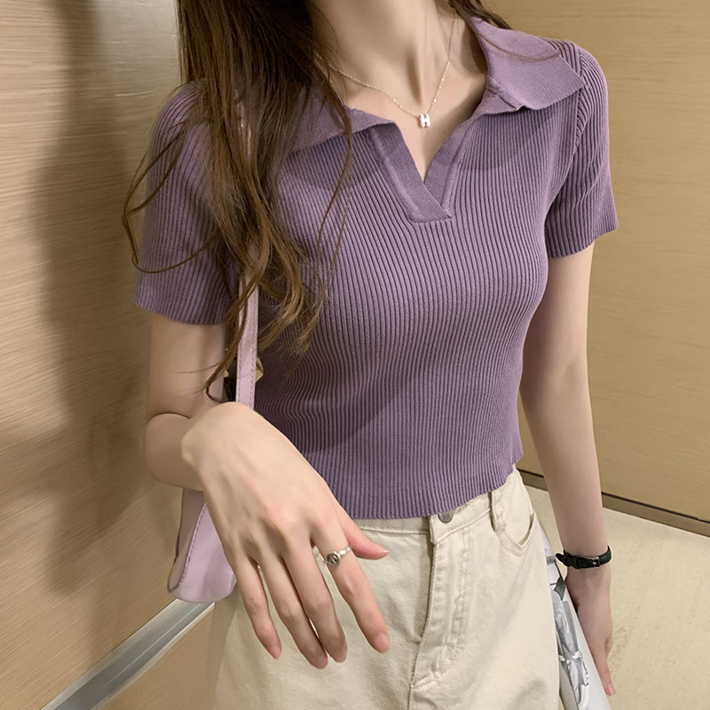 时尚简约纯色针织短袖t恤女2024夏季新款修身小翻领高腰短款上衣