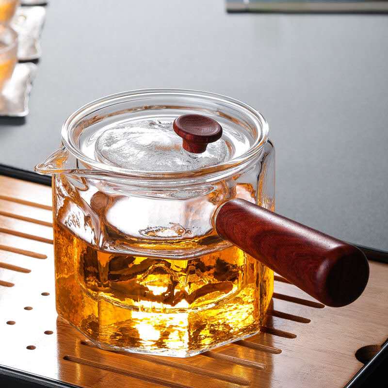 侧把煮茶壶红木把手蒸茶壶电陶炉加热实木把耐热玻璃日式