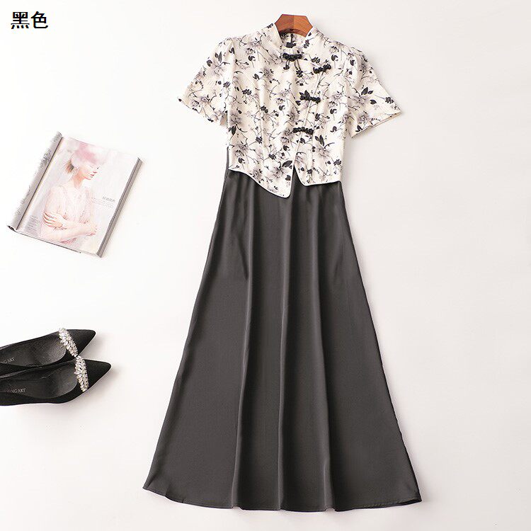 243462 夏连衣裙 女加长款短袖立领现货