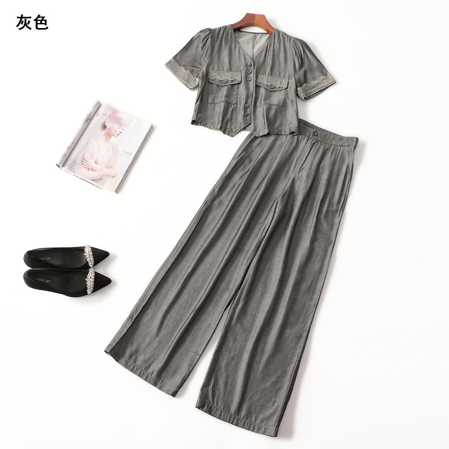 411568 夏衬衣裤子套装 女长款短袖V领