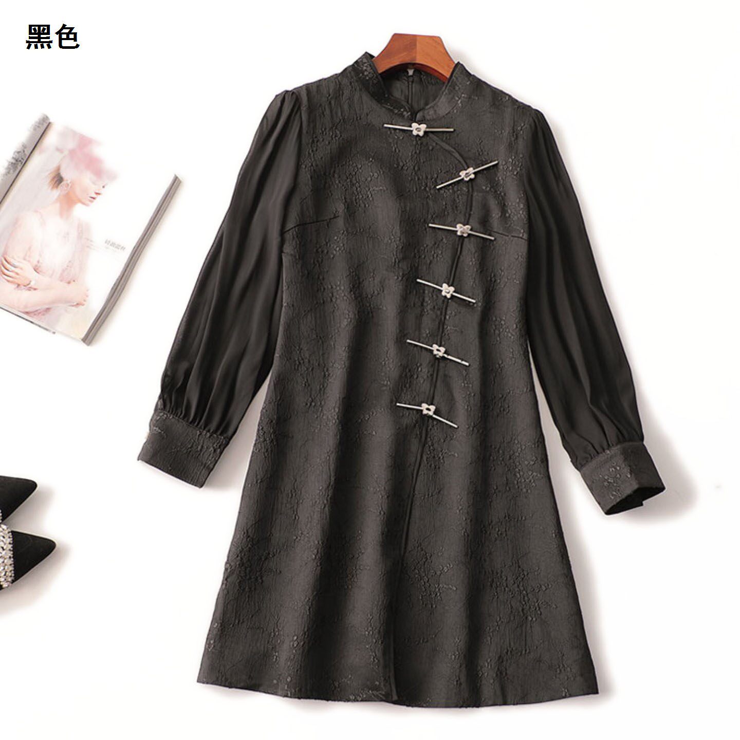 409837 春连衣裙 女长款长袖立领.M.L.XL.2XL