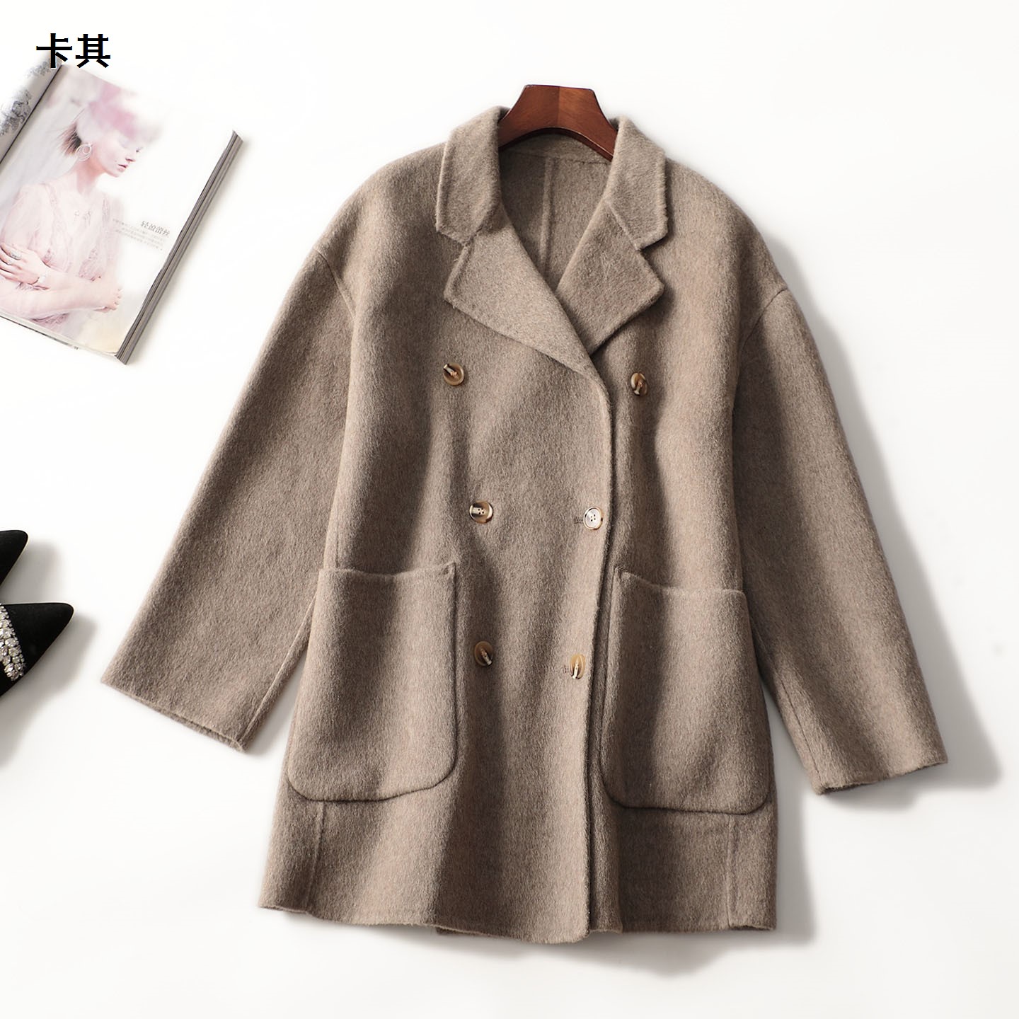 412750 冬中长款双排扣九分袖双面呢大衣