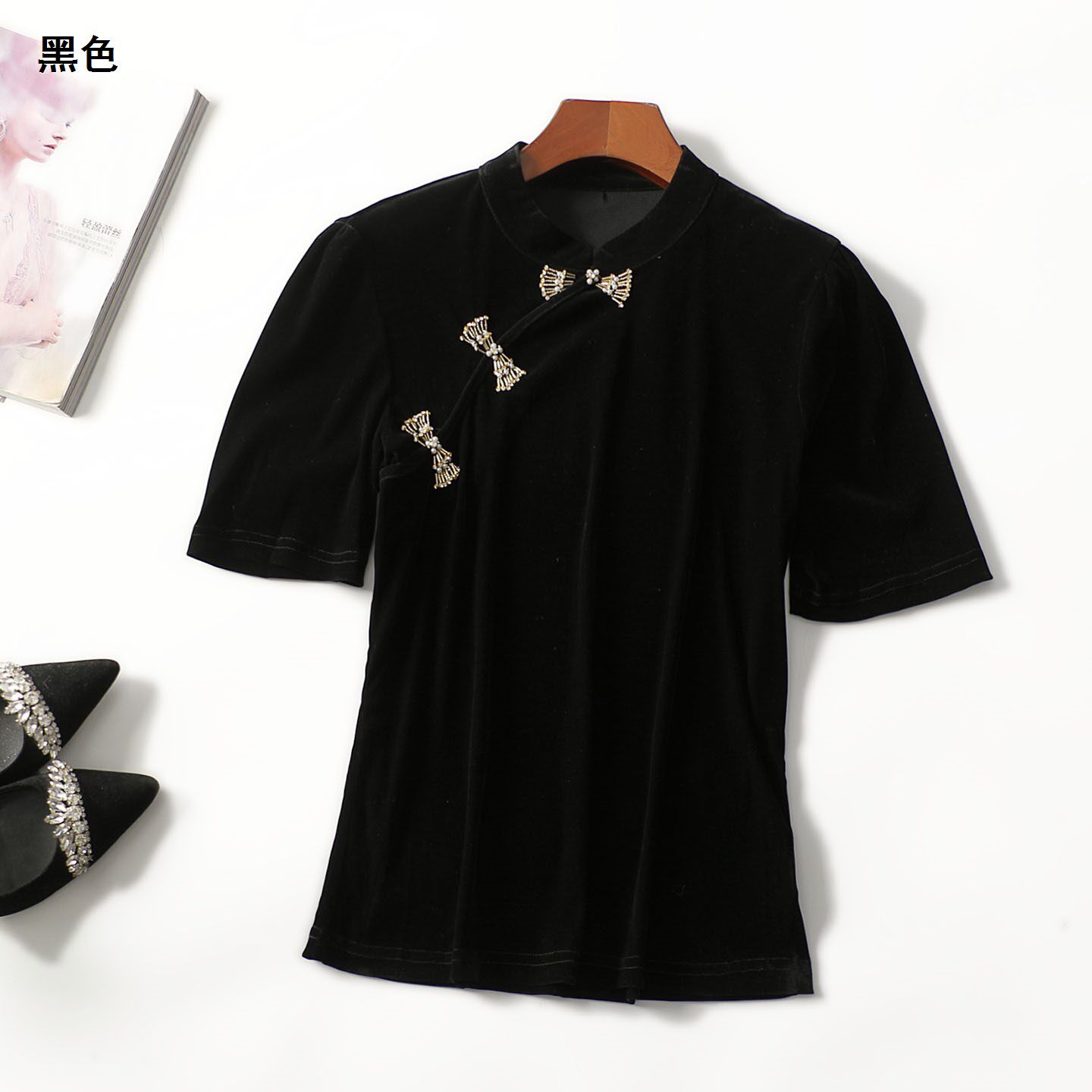 413939新款女装精品洋气丝绒法式女人味春夏中长款套头短袖上衣