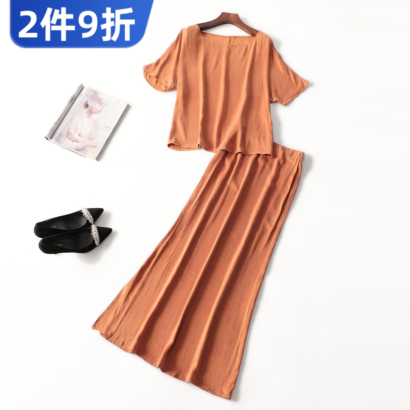 246380 夏铜氨丝上衣半身裙套装 女长款短袖套头断码清仓