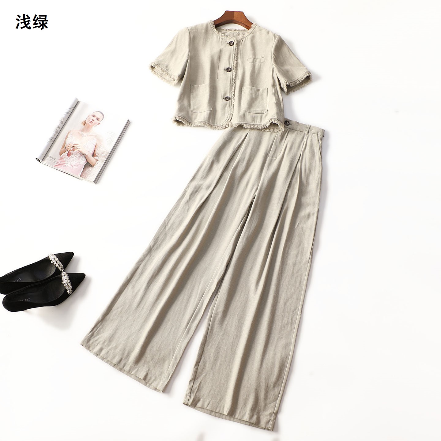 414395 夏上衣裤子套装 女长款短袖单排扣.S