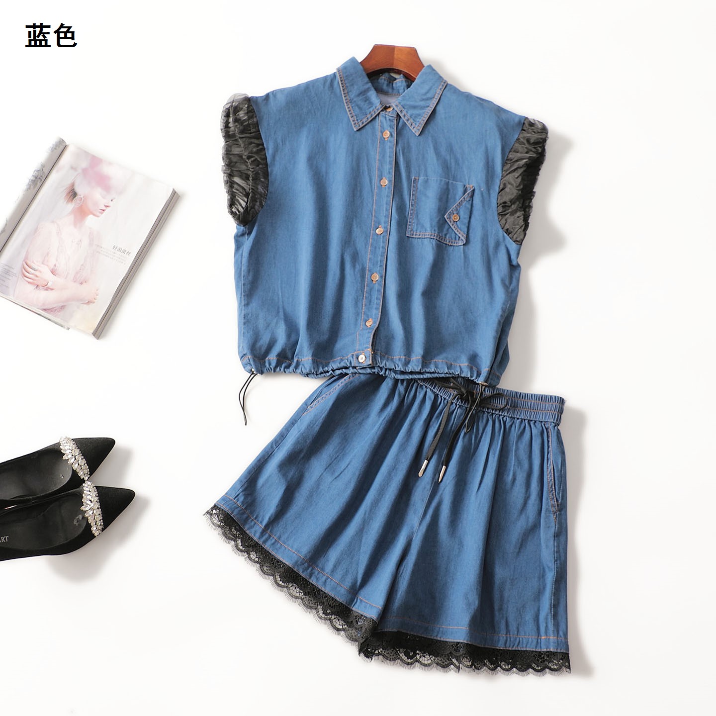 246598 夏衬衣裤子套装 女短款短袖单排扣