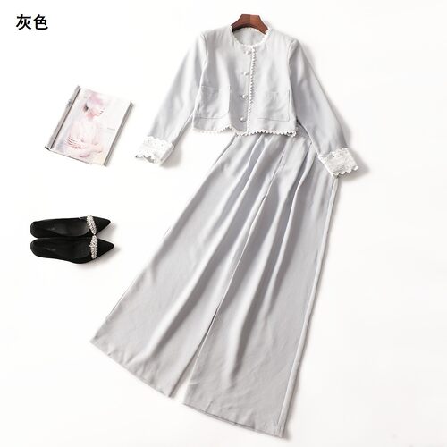 412274 秋外套裤子套装 女长款长袖单排扣现货.M.L