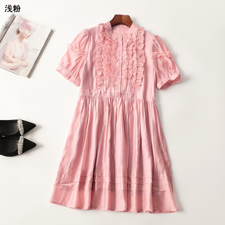410885 夏天丝连衣裙 深圳女长款短袖立领
