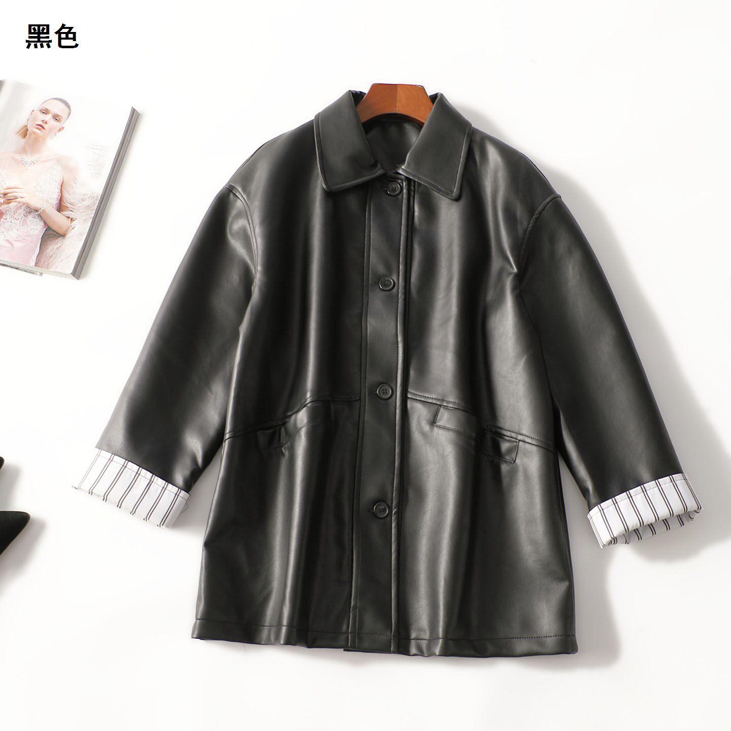250012 冬皮衣 女中长款长袖单排扣.M.L