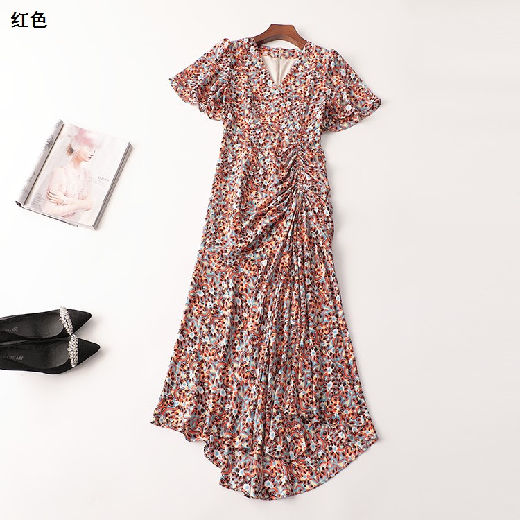 242751 夏连衣裙 深圳女印花加长款短袖V领