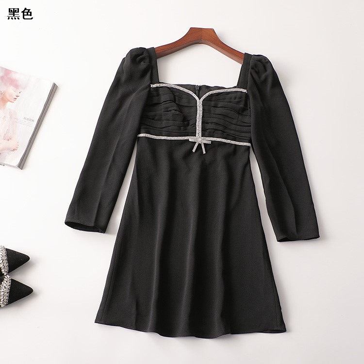 240950 秋长款方领九分袖钉钻礼服裙连衣裙